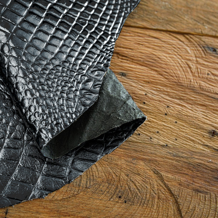 Black Metallic Crocodile Embossed Goatskin Leather