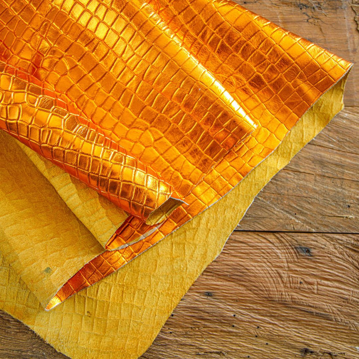 Orange Metallic Buffalo Wax Crocodile embossed Dyed Leather