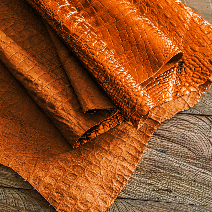 Orange Metallic Crocodile Embossed Buffalo Leather Hide