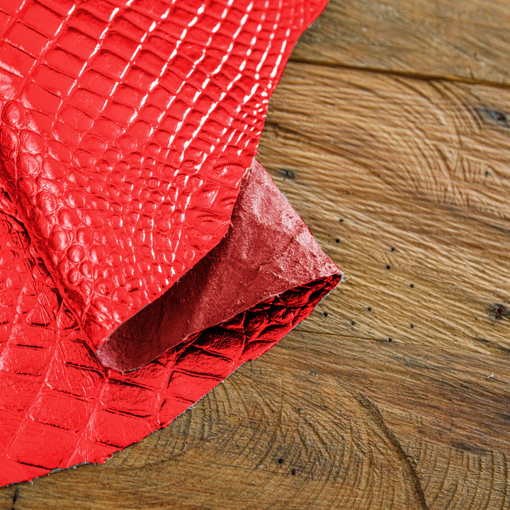 Red Metallic Crocodile Embossed Goatskin Leather