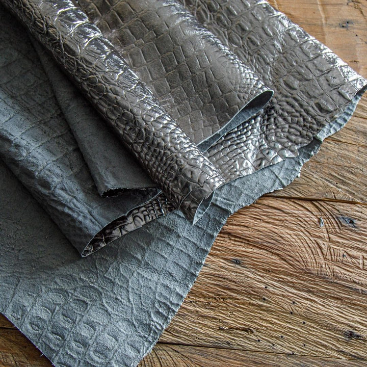 Silver Metallic Dyed Crocodile Embossed Lambskin / Sheepskin