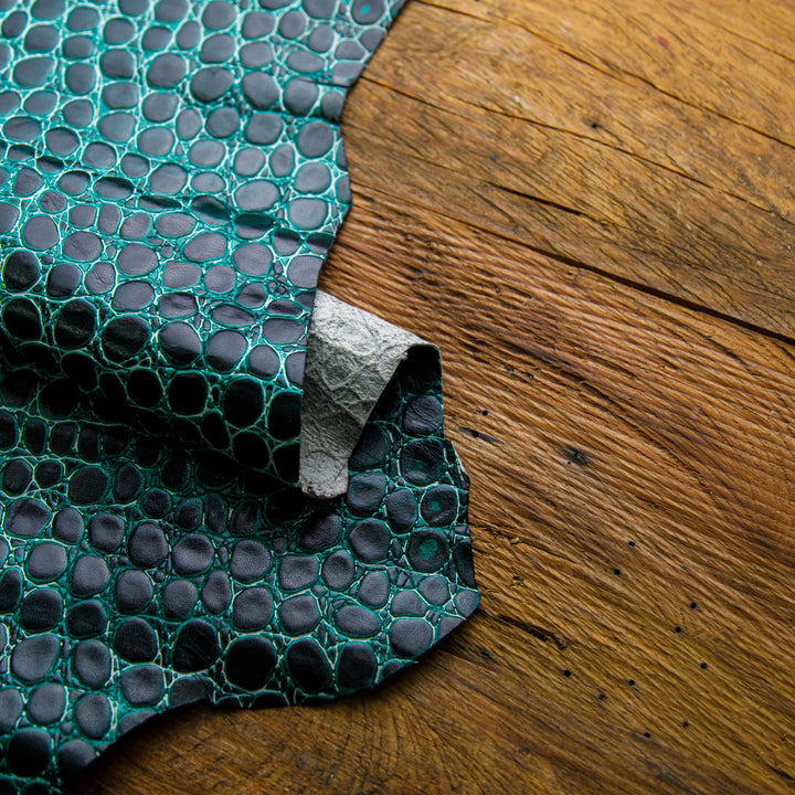 black and teal crocodile emboss leather