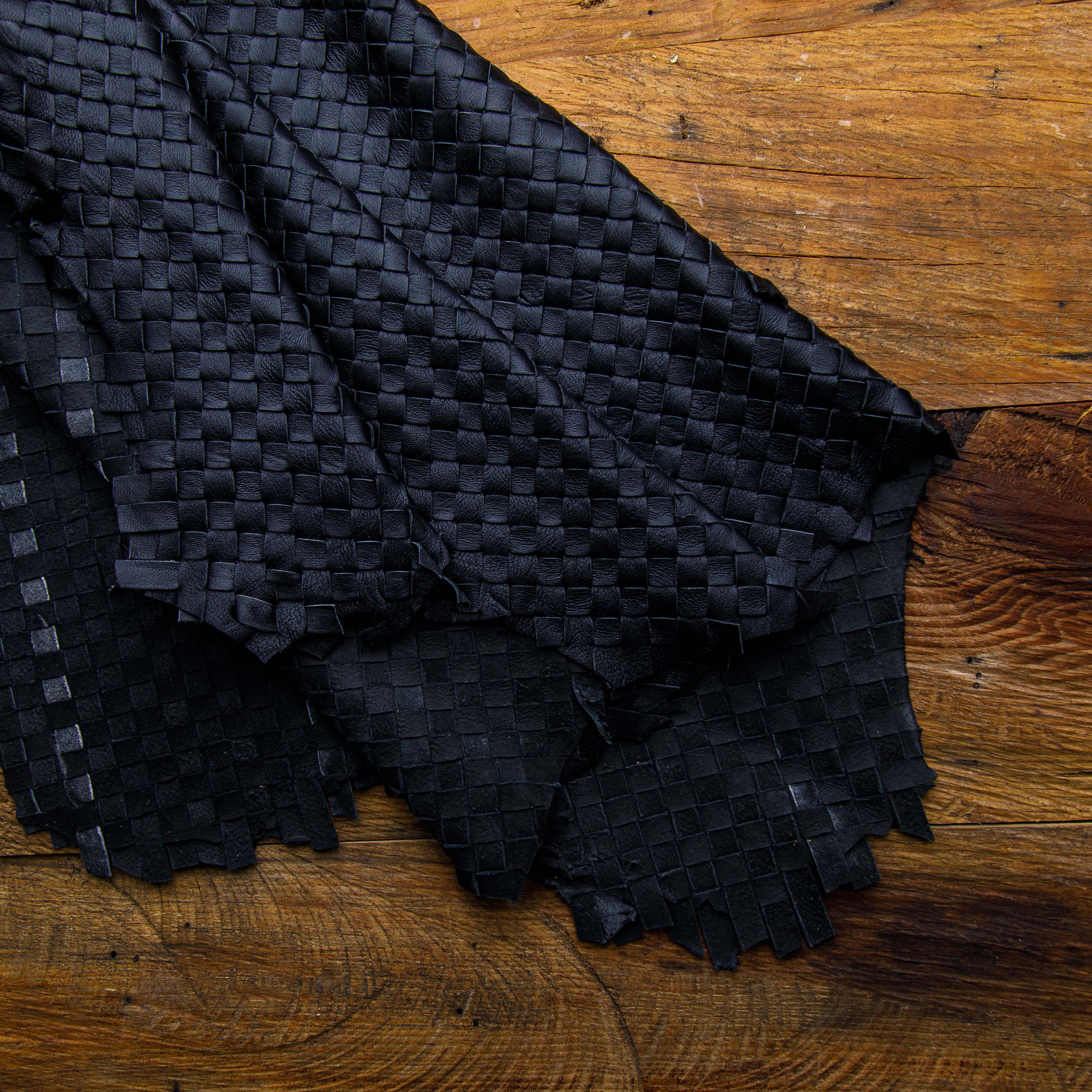 Black Woven Leather Cowhide Basket Weave