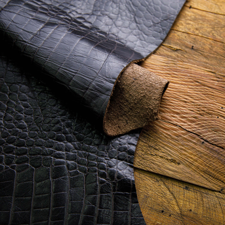 crocodile embossed black leather hide