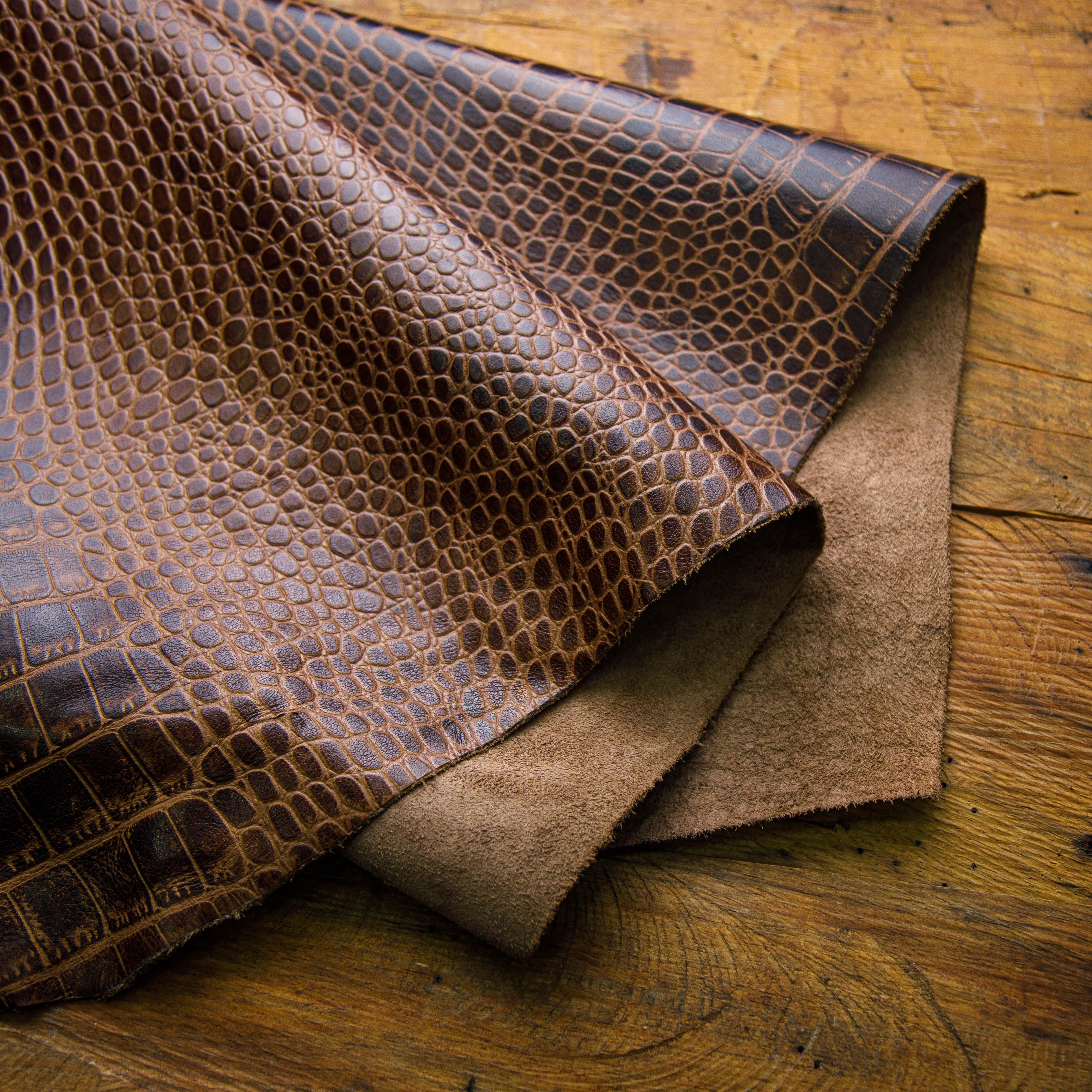 Black Waxed Crocodile Embossed Brown Hide