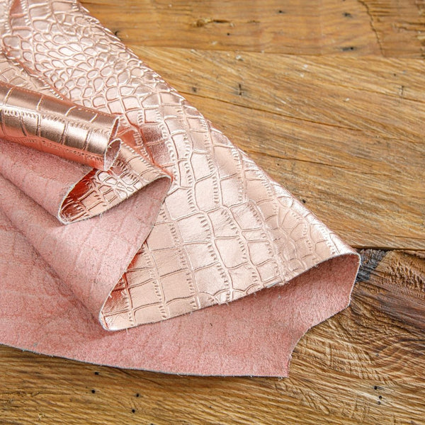 Pink Metallic Crocodile Embossed Cowhide Leather