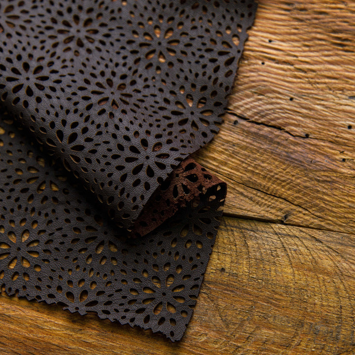 laser cut dark brown leather