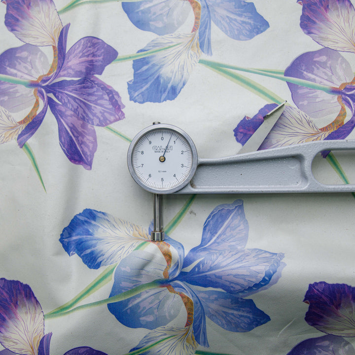 purple flower printed off white leather