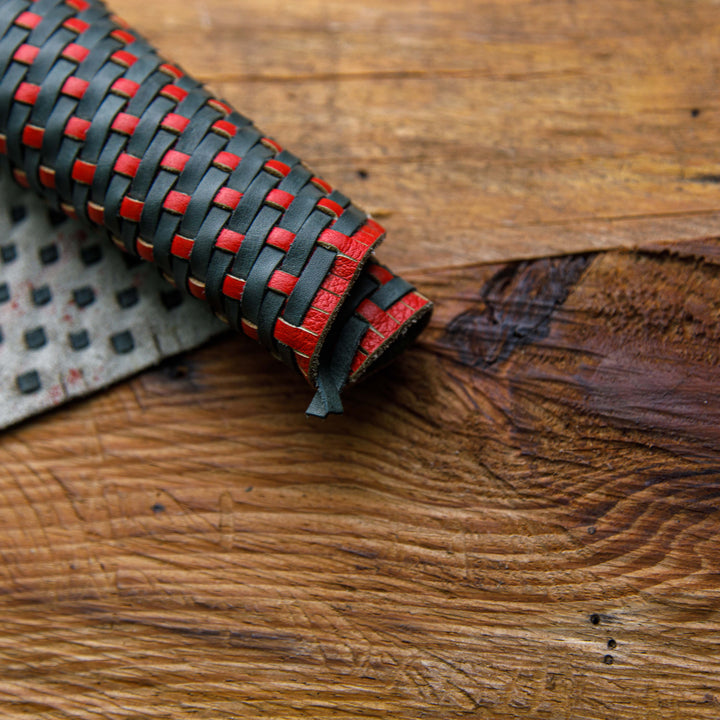 red and black woven leather skin