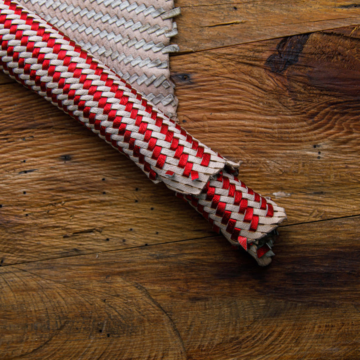 red and white woven leather