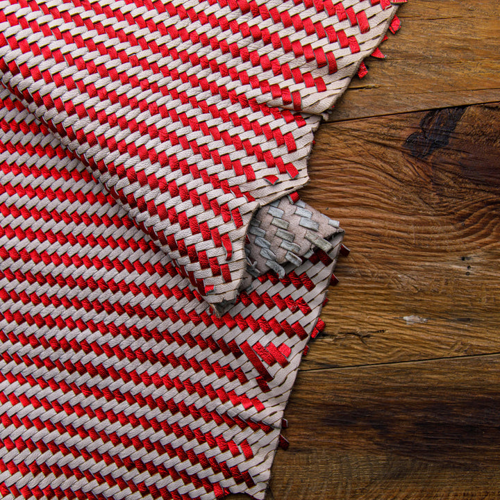 red and white woven leather skin