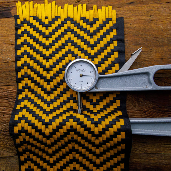 yellow and black hand made woven leather