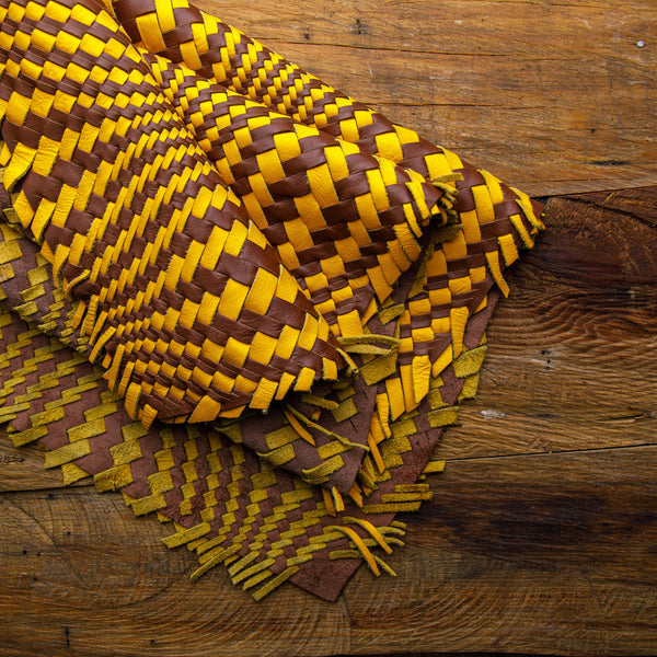 yellow and brown hand made woven leather hide